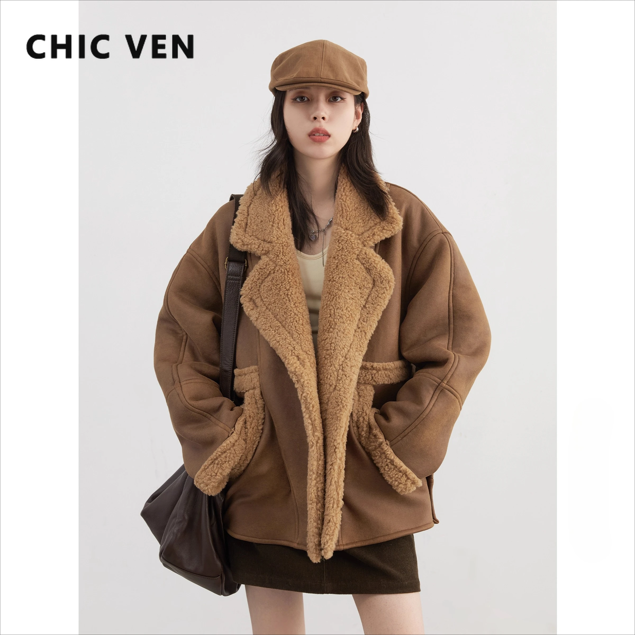 

CHIC VEN Women Faux Leather Coat Single Breasted Loose Casual New Motorcycle Suit Suede Fur Jacket Female Top Autumn Winter 2025