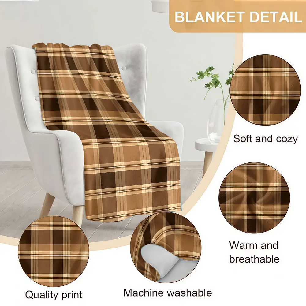 Coffee Plaid Soft Warm Flannel Blanket Lightweight Cozy Christmas Halloween Home Decor Room
