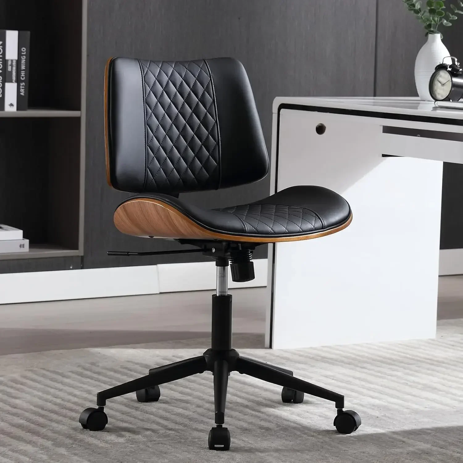 Office Chair No Arms with Wheels, Adjustable Height Small Desk Chair, PU Leather Mid Back 360 Swivel Computer Chair, Armless Mod