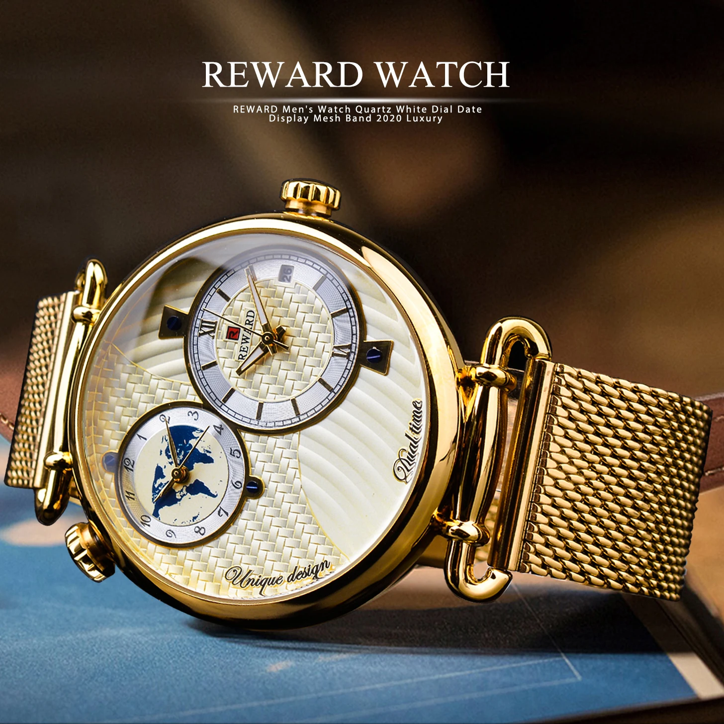 REWARD Gold Watches Men Multiple Time Zone Display Quartz Wristwatch Business Clock Man Luxury Watch