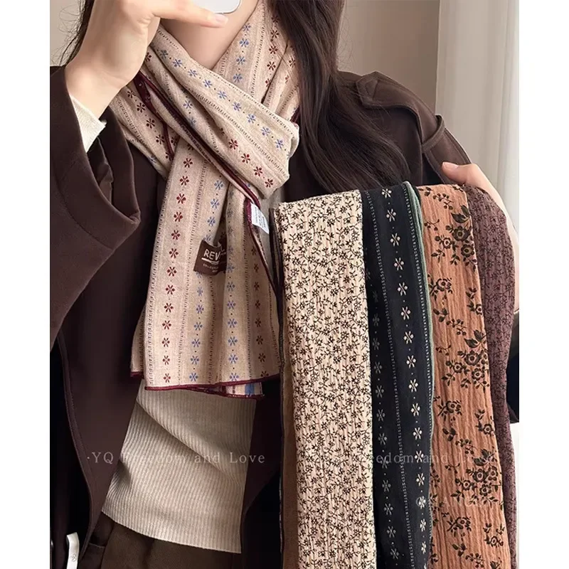 

2026 Early Spring Literary Pure Cotton Floral Scarf for Women Versatile Long Neck Protection Silk Scarf with Coat Accessories