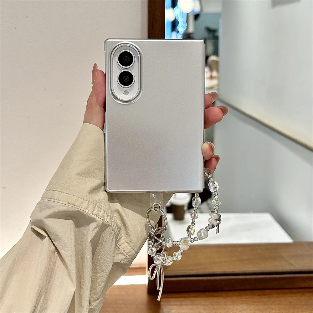 Korea Cute Silver Foldable Phone Case For Samsung Galaxy Z Fold 8 Solid Plain Transparent Hinge Hard Cover Chain Cases