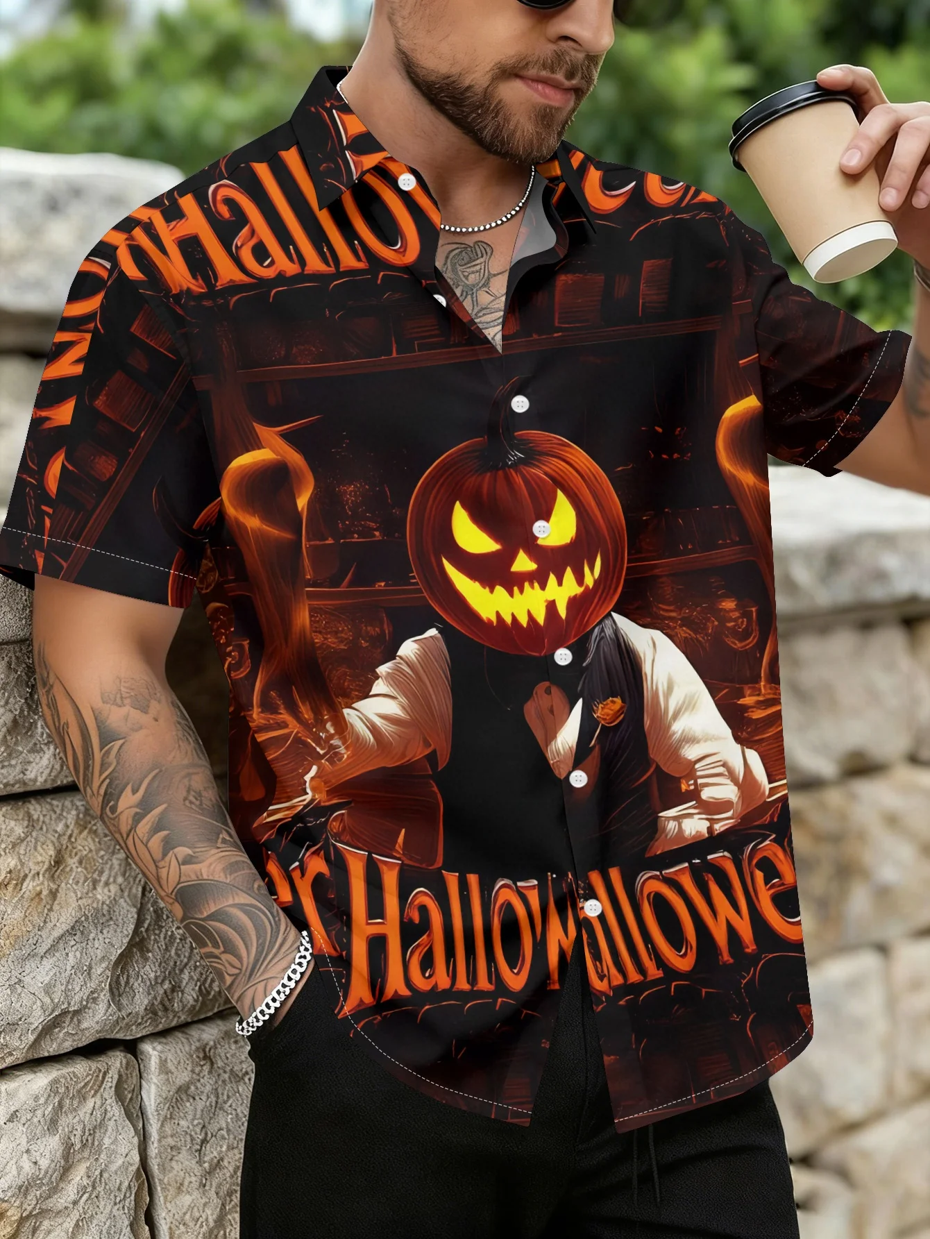 Men Halloween Pumpkin Head Short Sleeve Shirt Spooky Figure Print Turn‑Down Collar Party Shirts