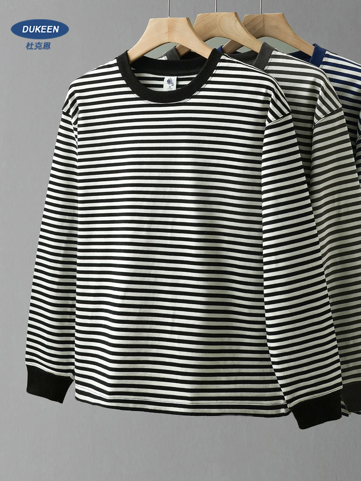 

DUKEEN 320G Heavyweight T Shirts for Men 2025 Spring Long Sleeve Striped Crew-Neck Tops 100% Cotton Men's Clothing