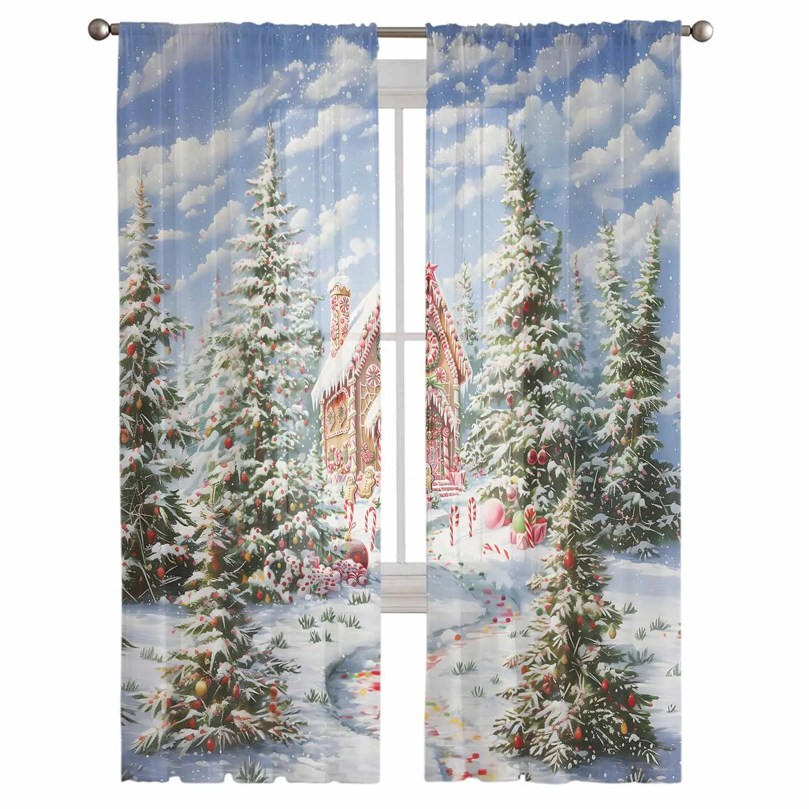 Christmas Snow Scenery Evergreen Tree Candy House Curtains Decorations For Home Window Tulle Curtains For Living Room Bedroom