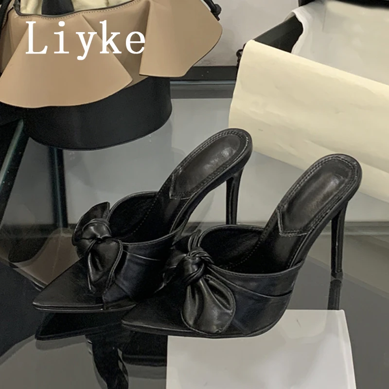 

Liyke модные женские тапочки с узлом-бабочкой, свадебные модельные туфли на высоком каблуке с острым носком, шлепанцы, женские модельные сандалии