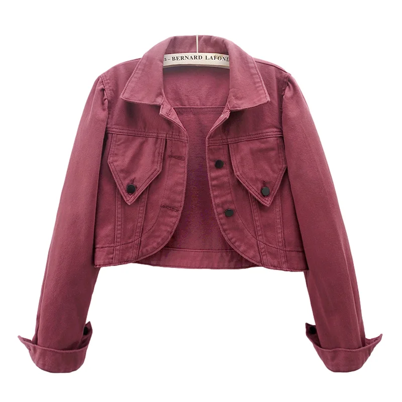 Burgundy High Waisted Slim Short Denim Jacket Coat Women Cowboy Outerwear Spring Autumn Fashion Long Sleeve Jeans Jacket Female