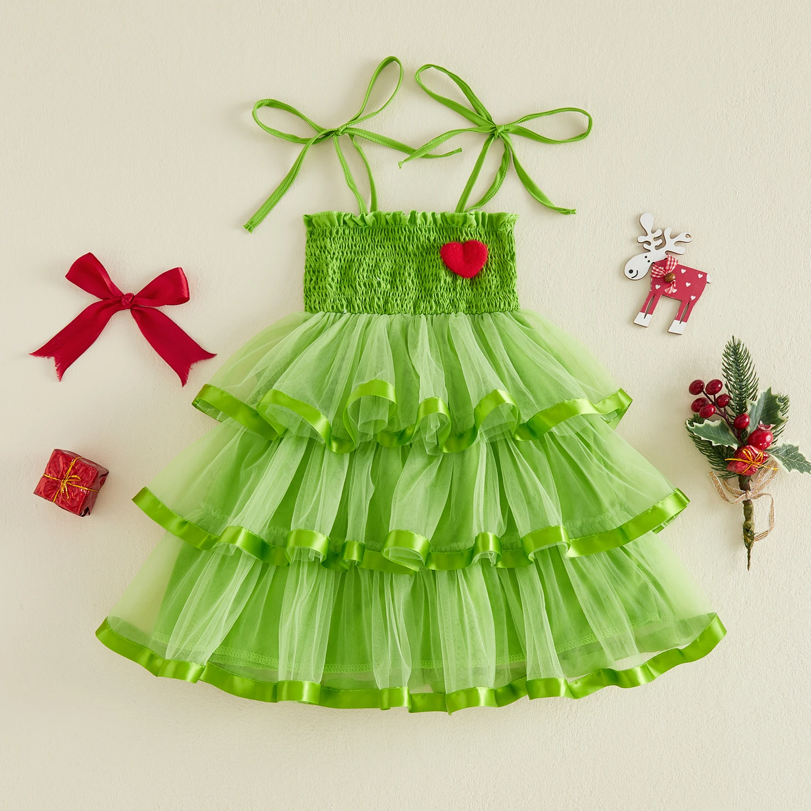 1-7Y Little Girls Christmas Princess Party Dress Sleeveless Square Neck Tulle Cake Dress Kids Xmas Costume