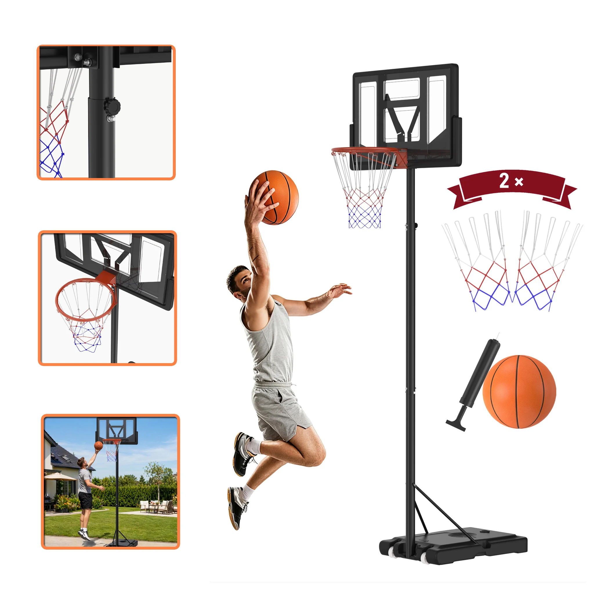 Support de panier de basket portable à hauteur réglable, de 230 cm à 305 cm, avec roulettes, ensemble complet de système de basket pour les sports en intérieur, en extérieur et dans le jardin.