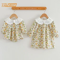 Spring Autumn Infant Kids Baby Girls Long Sleeve Doll Neck Print Sisters Dress Newborn Baby Girls Clothes Rompers