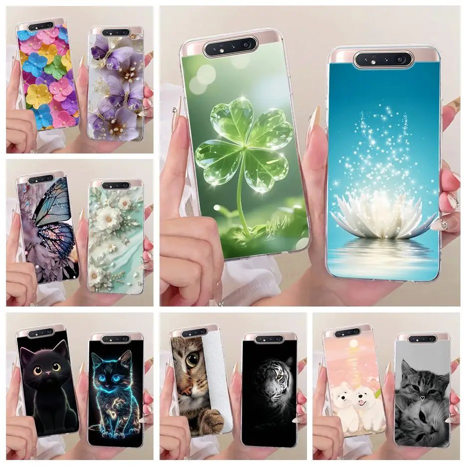 Funda para Samsung Galaxy A80 SM-A805F, diseño de lujo con hojas y flores pintadas, funda suave y delgada para Samsung A80 A 80 4G