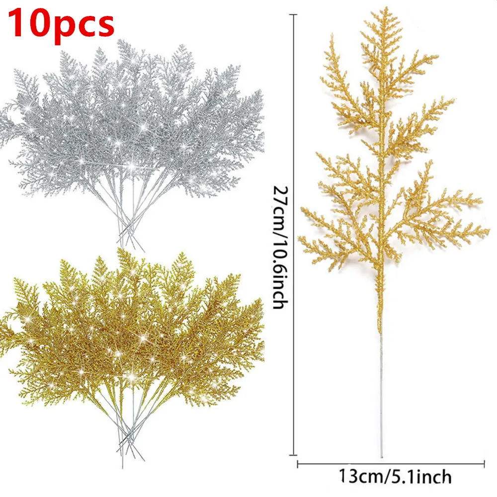 10Pcs Christmas Glitter Gold Silver Leaves Xmas Tree Decoration Pendant Artificial Plants Pine Branches New Year 2025 Navidad