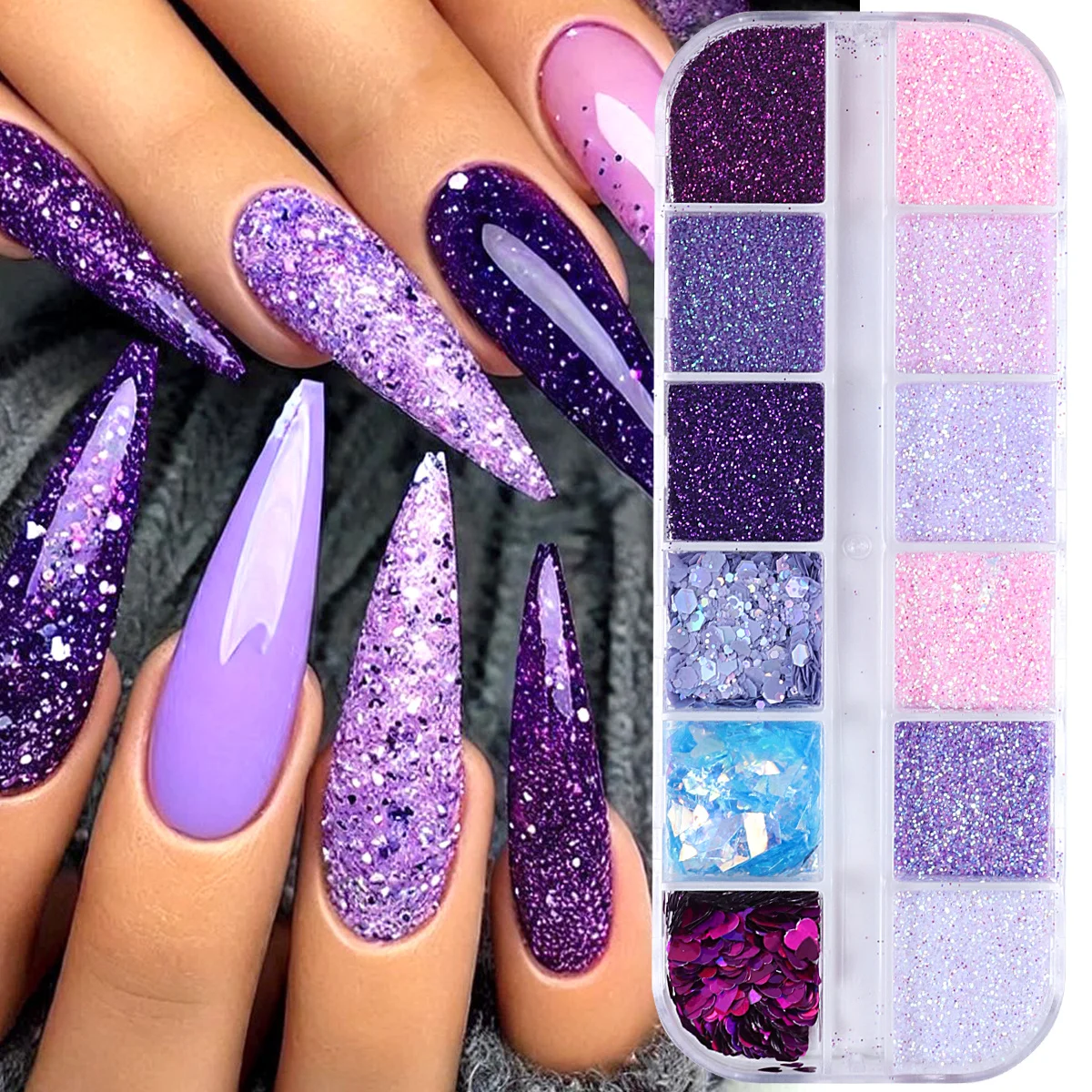 Image of 12-Gitter Lila Rosa Serie Nagel Funkelnder Glitzer Holografischer Zucker Sechseck Gebrochene Pailletten Chrom Pigment Nägel Zubehör Flash
