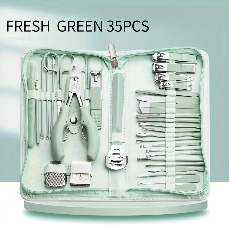 Spring Green Manicure Set 35Pcs Nail Clipper Cutter Fingernail Trimmers Pedicure Dead Skin pliers Tools With Portable Case