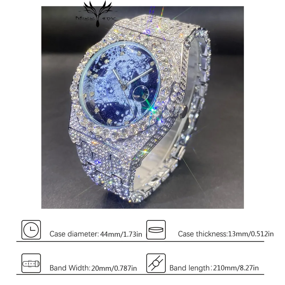 2026 Hip Hop Mens Quartz Watches MISSFOX Automatic Date Iced Wristwatch Fashion Diamond Jewelry Year Of The Horse Watch For Man view 6