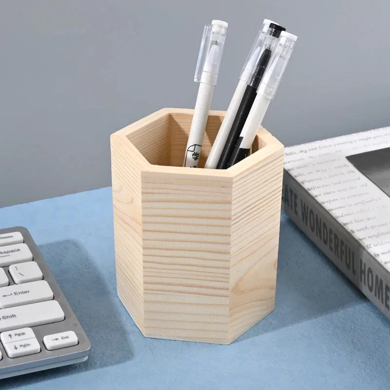 Wooden Stationery Storage Organizer Pen Holder, Square Round Hexagonal Desk Pen Pot Bathroom Toothbrush Cup