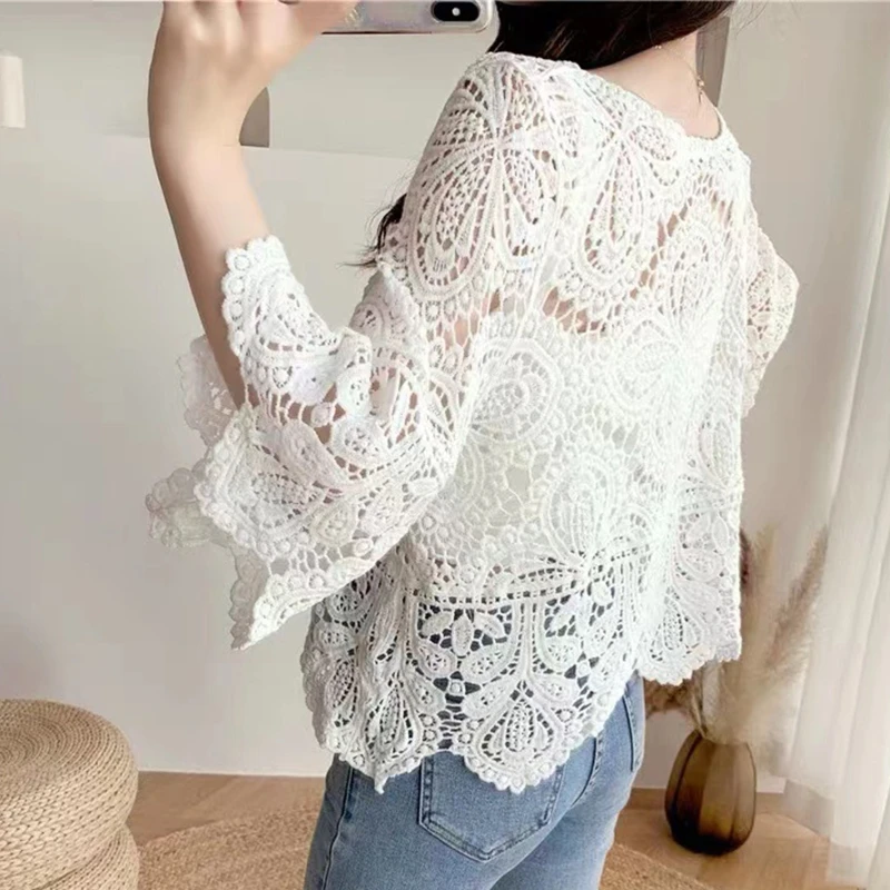 Women French Hollow Out Crochet Knit T-Shirt Summer Flared 3/4 Sleeve Crewneck Floral Lace Loose Blouse Beach Cover Up Tops