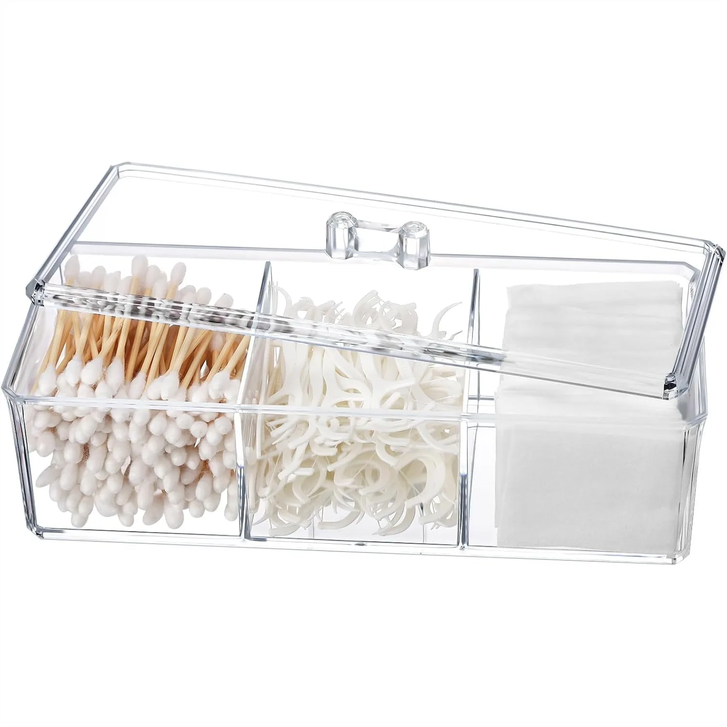 

Qtip Holder Transparent 3 Compartments Cotton Ball and Swab Organizer with Lid, Clear Acrylic Jar for Bathroom Vanity Desk
