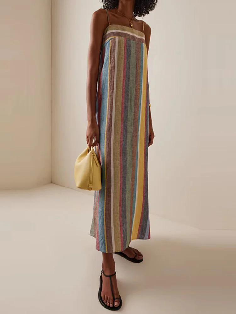 섹시한 스트랩 백리스 보헤미안 롱 드레스 여름 신상 슬래시 넥 미디 선드레스 캐주얼 스트라이프 프린트 맥시 드레스 여성용