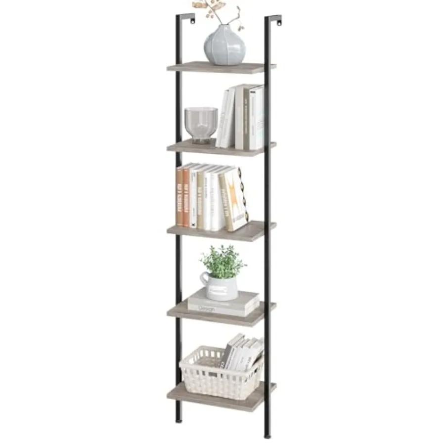 

Стеллаж ELYKEN Ladder Shelf, 5-ярусный, деревянный, настенный, с металлическим каркасом, винтажный, открытый, для книг и хранения, наклонная полка-органайзер