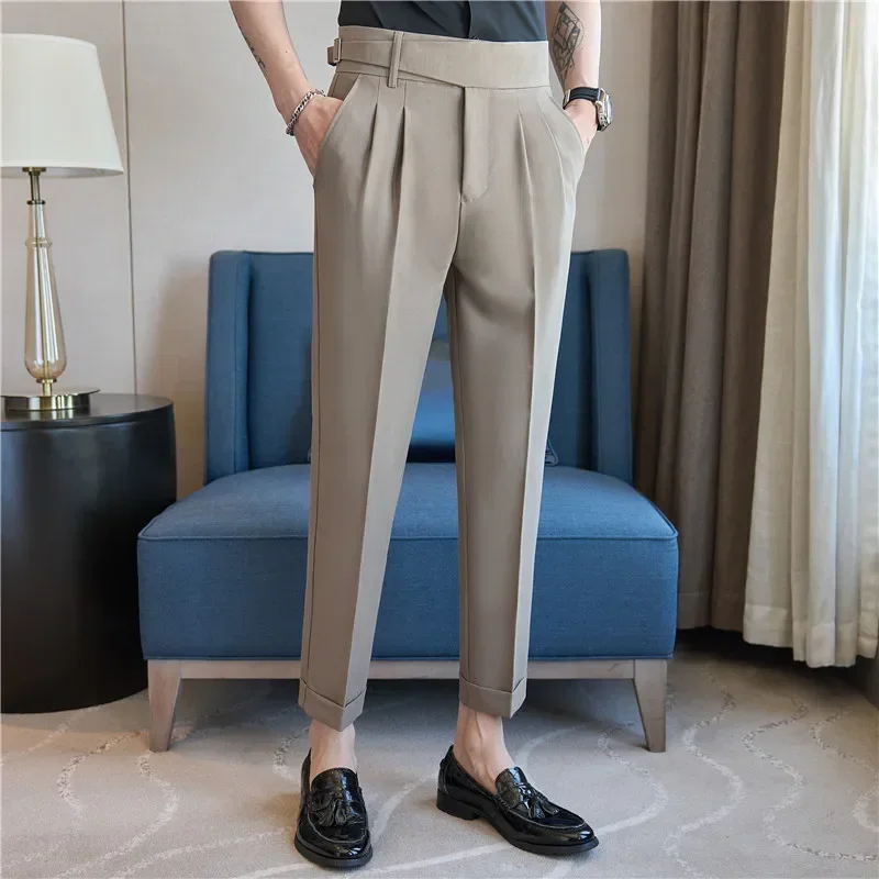 

Naples High Waist Casual Pants, Fashion Belt Decoration, Draping Effect Three-Dimensional Pleated Suit Trousers, Light Brown