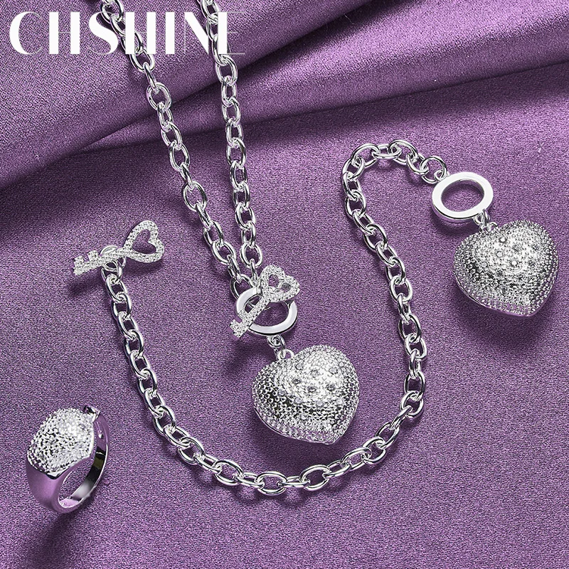 

CHSHINE 925 Sterling Silver Heart Pendant Necklace Ring Bracelet For Women Party Fashion Exquisite Jewelry Set Gift