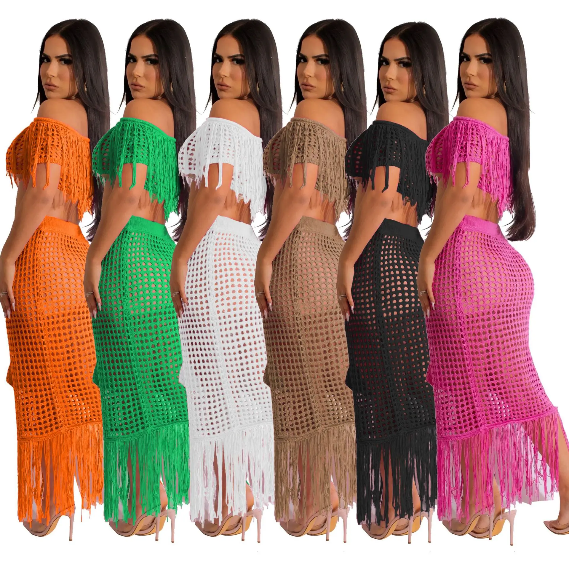 Off Shoulder Knitted Hand Crochet Beach Bikini Cover Ups for Women 2023 Summer Holiday Sexy Hollow Out Tassel 2 Piece Skirt Set