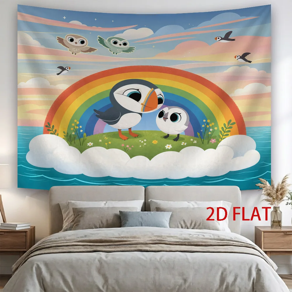 Cute Puffin Rainbow Tapestry, Cartoon Bird Wall Hanging, Ocean Sky Decor, Colorful Nursery Art Cloth, Kids Room Bedroom Ornament
