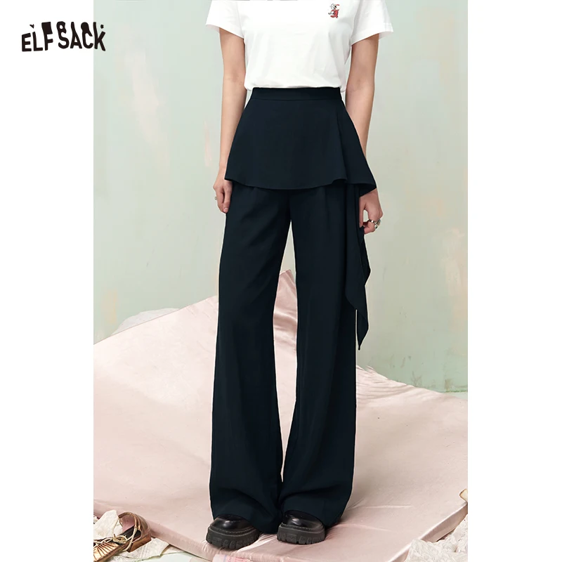 

ELFSACK Women's 2-in-1 Wide Leg Pants with Skirt Overlay, Asymmetric Ruffle Layered Trousers, Casual High Waist Solid Color Bott
