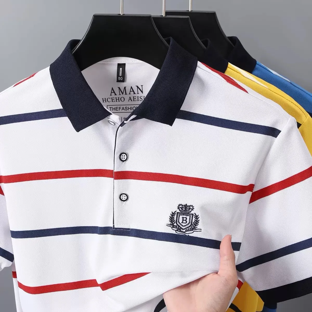 Fashion striped short sleeve men polo shirt summer trend brand letter embroidery design business casual breathable Paul T-shirt