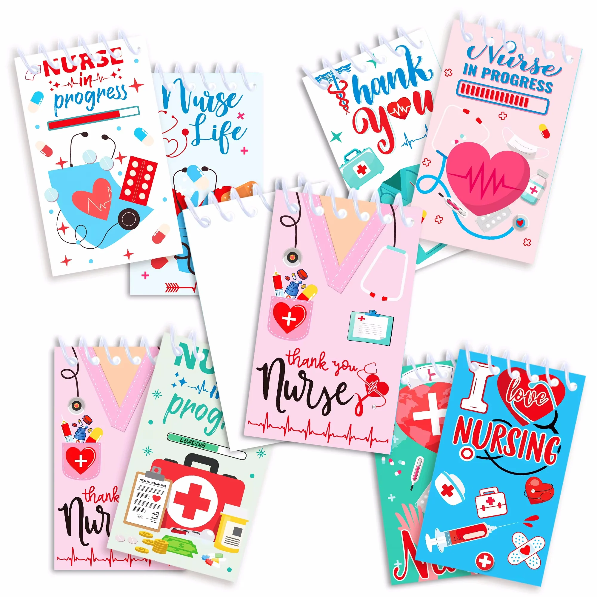 8pcs Nurse Day  Mini Notebook 8 Design Notepads Spiral Pocket Notebooks for Nurse Day Party Decoration