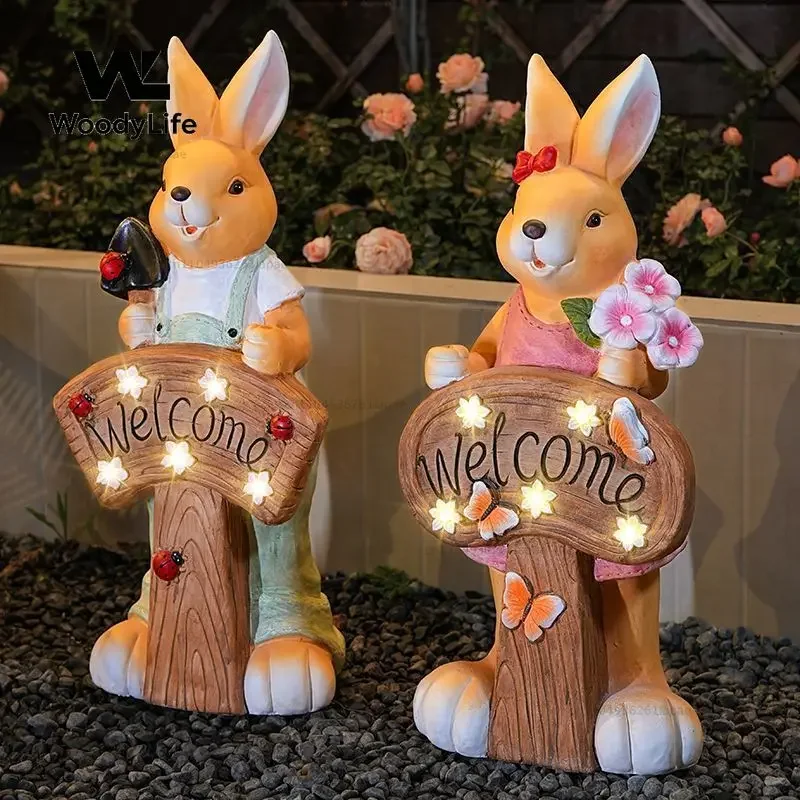 Solar Rabbit Figurine, Handmade Outdoor Garden Decor Waterproof Patio LED Night Light  Magnesium Oxide Craft Statue