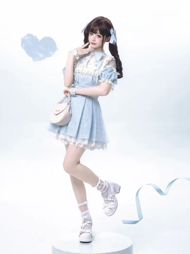 Lolita Dress 2025 New Sky Blue Checkered Landmine Series Japanese Subculture Short Sleeved Dresses Set Summer Y2k Women Clothing