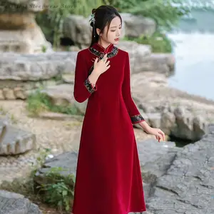 Outono inverno engrossado cheongsam mãe ao dai melhorado qipao retro vermelho vestido de casamento tradicional gola mandarim 4xl cheongsam 10 principais vendas pregnant qipao - №6