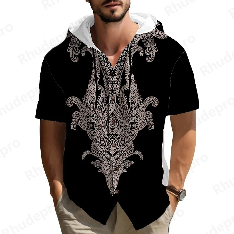 

Мужская летняя рубашка с капюшоном в национальном стиле 2025 года, повседневные толстовки на пуговицах с короткими рукавами, топ для пляжного отдыха, уличная одежда