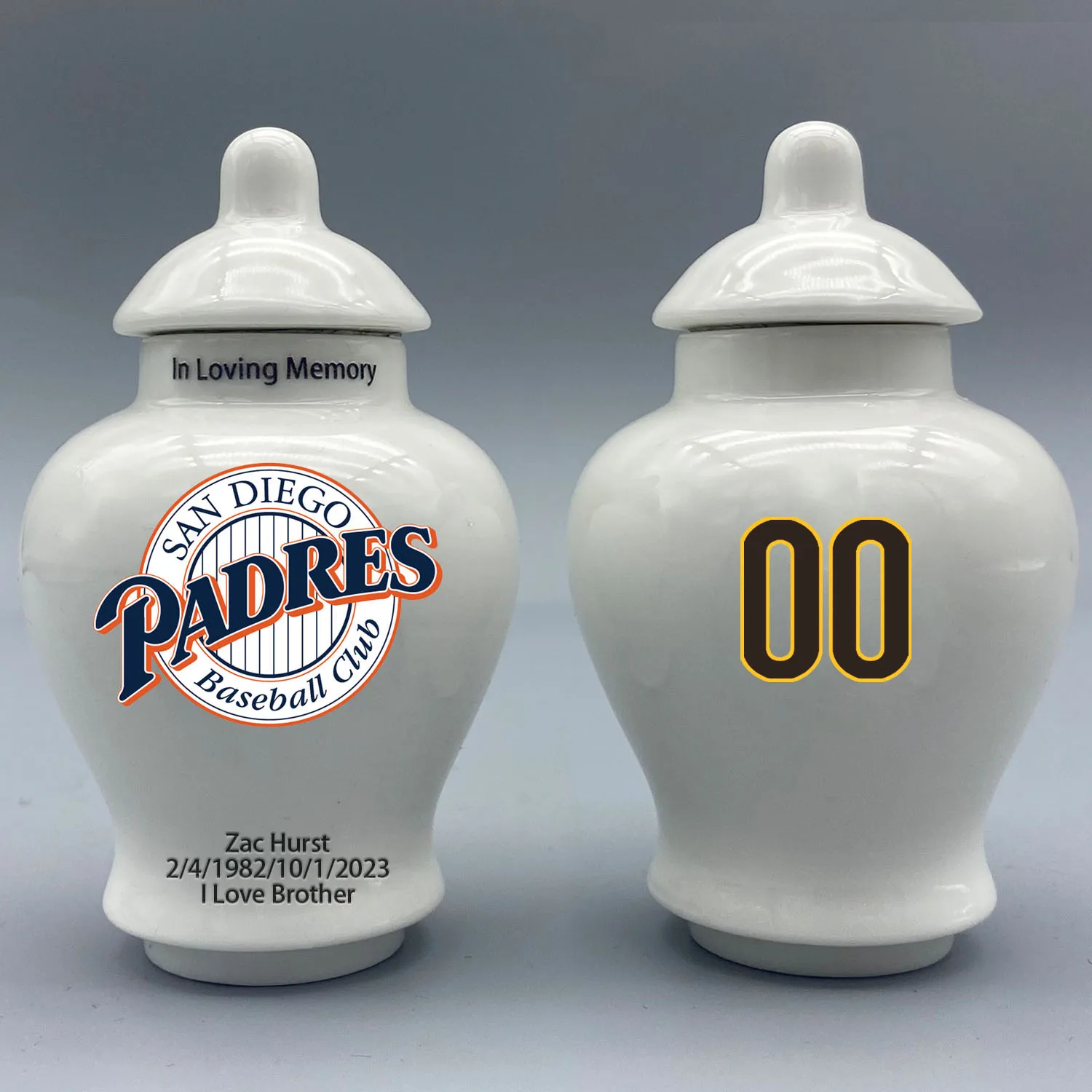 

Mini Urn for San Diego Padres-Baseball themed.Please send me the customization information - name/date and number on the urn