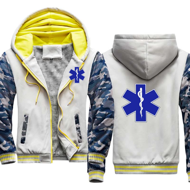 Winter Thicken Warm Mens Jacket EMT Emergency Ambulance Print Man Hooded Jacket Fleece Cotton Zipper Camouflage Raglan Mens Coat