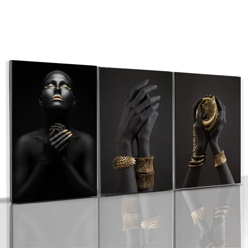 Framed Gold and Black Modern Makeup Model African Woman Canvas Wall Art Paintings Fashion Girl Poster for Living Room Home Decor