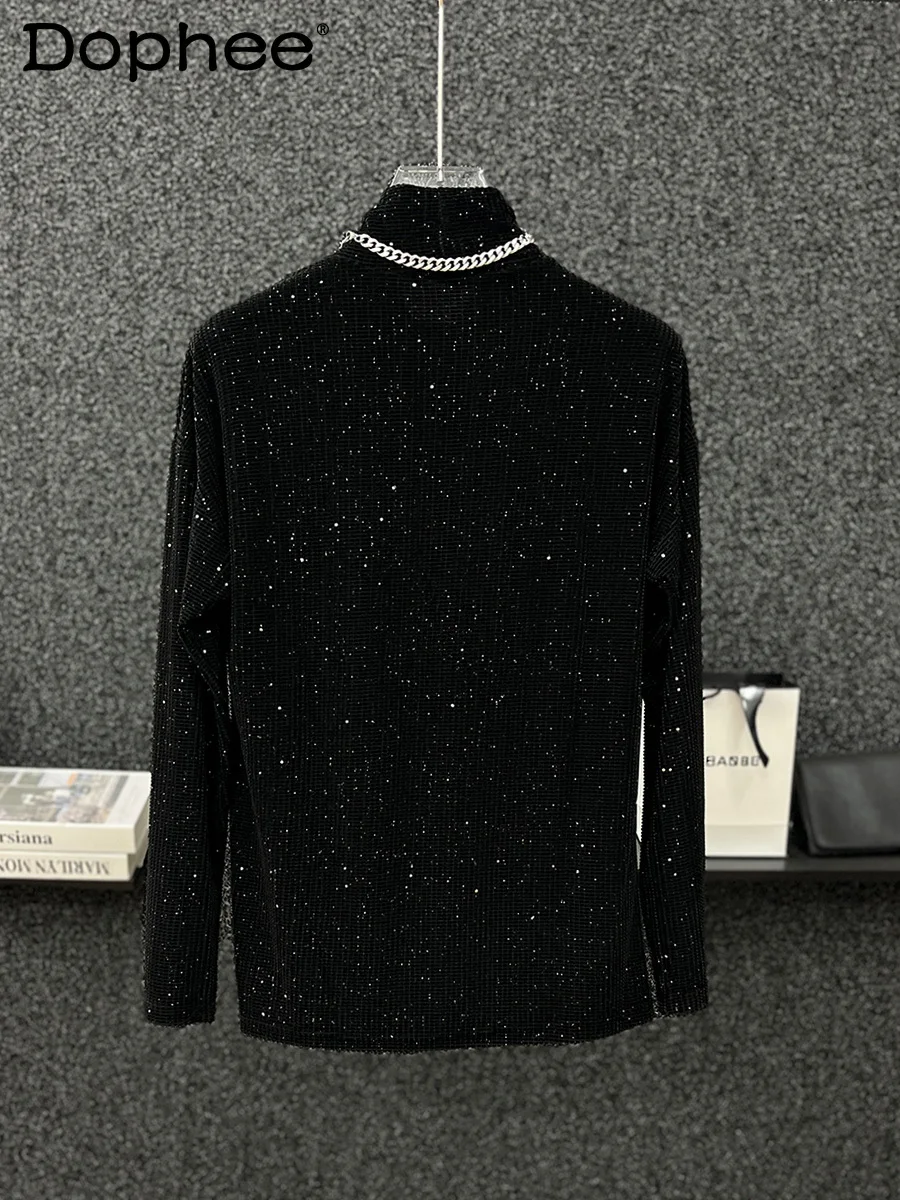 

High-end Semi-turtleneck Velvet Long-sleeve T-shirts Men's Casual Loose 2024 Men's Autumn New Sequined Inner Bottoming Shirt Top