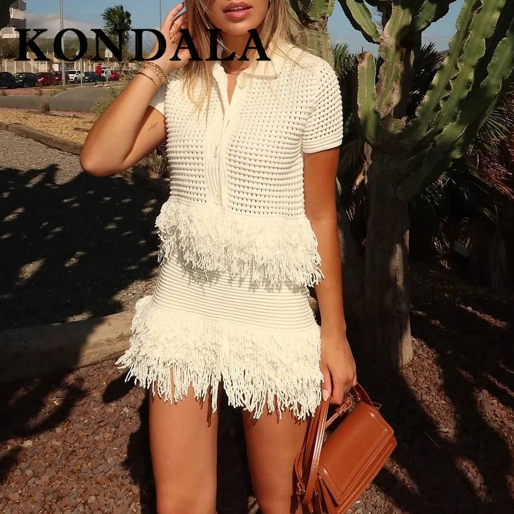 KONDALA Fashion 2025 White Knit Woman Tassel Suits Short Sleeve Button Shirt+Elastic Waist Slim Mini Skirt Elegant Mujer Sets