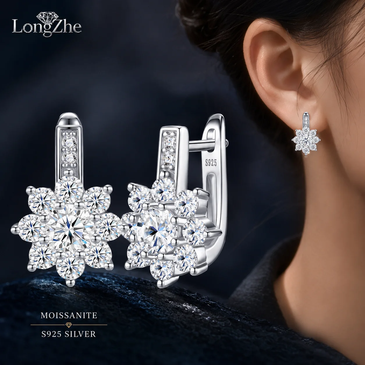 LongZhe Moissanite Huggie Hoop Earrings S925 Sterling Silver Flower Cluster Earrings White Gold Plated Jewelry Gift for Women