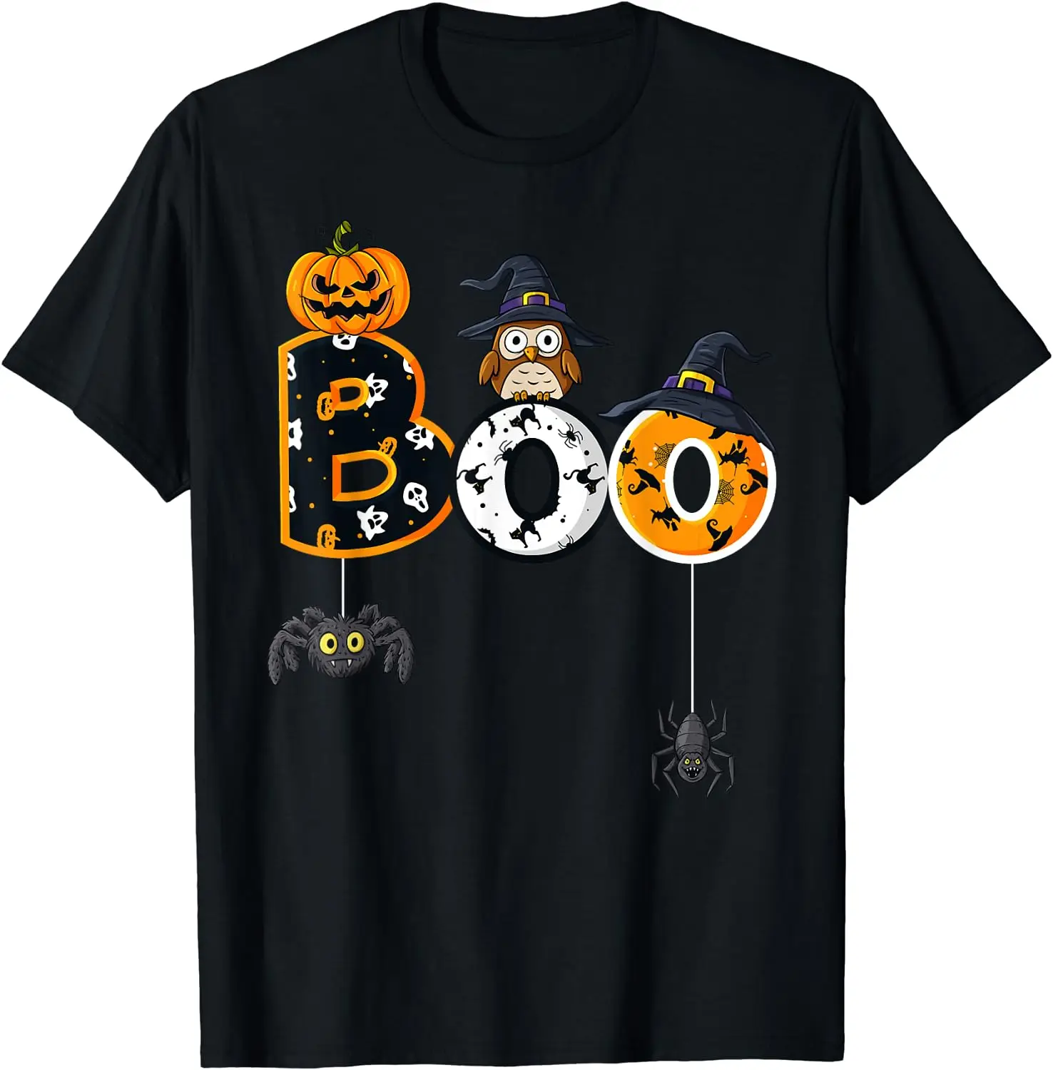 Boo Owl Halloween T-shirt infantil, Boo com chapéu de bruxa, aranhas meninos e meninas, T-shirt curta de algodão, Casual Holiday Tops, 4 estações