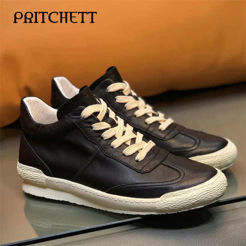 

Black Genuine Leather Thick-Soled Casual Shoes Round Toe Lace-Up Trendy Sneakers Breathable, Unlined Comfortable Men's Shoes