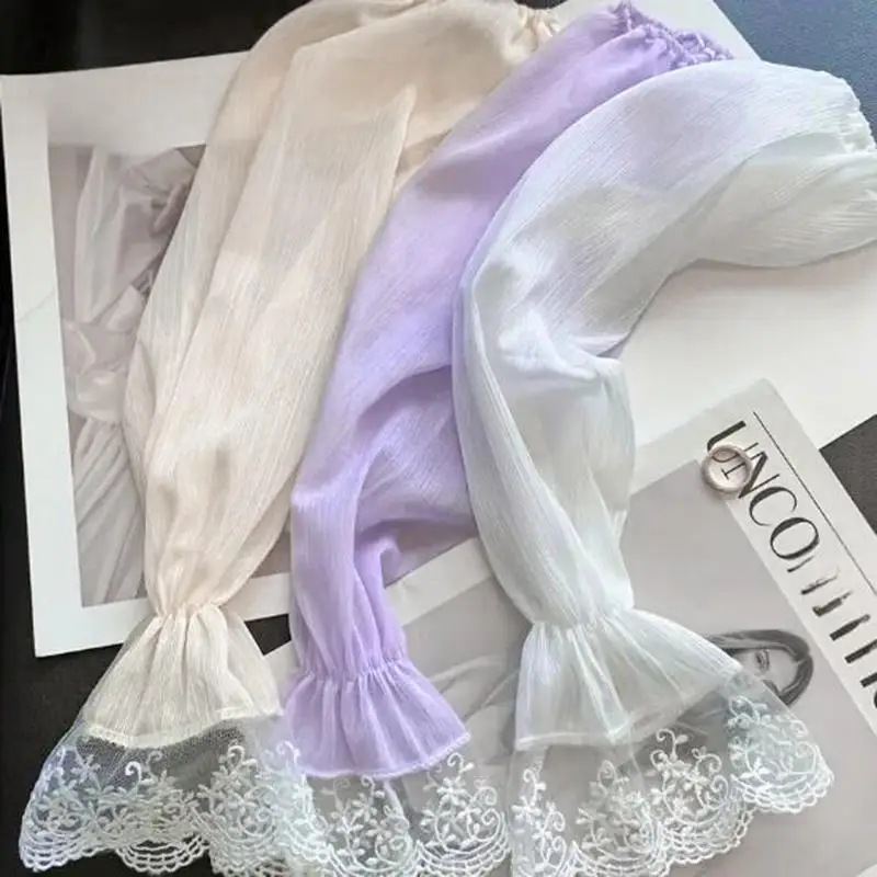 Sarung Tangan Berkendara Elastis Lengan Bunga Renda Musim Panas Wanita Baru Sarung Tangan Tabir Surya Tanpa Jari Panjang Elegan