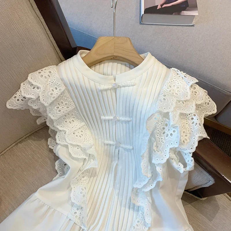 Shirts for Women Temperament Chinese Stand Flying Sleeve White Shirt Femme Crop Tops Blusa Feminina Ruffle Doll Blouse Mujer