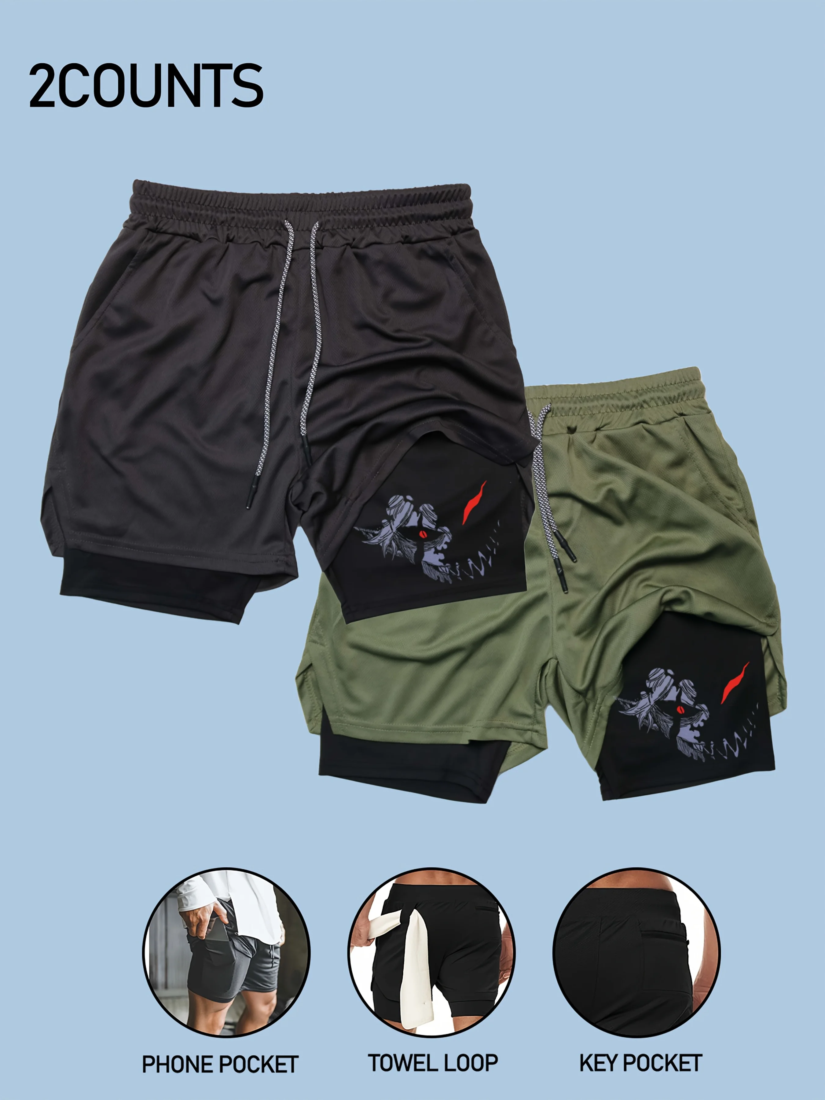 

Indoor and Outdoor 2-piece men's two-piece double-layer solid color multi-pocket printed fitness sports running shorts