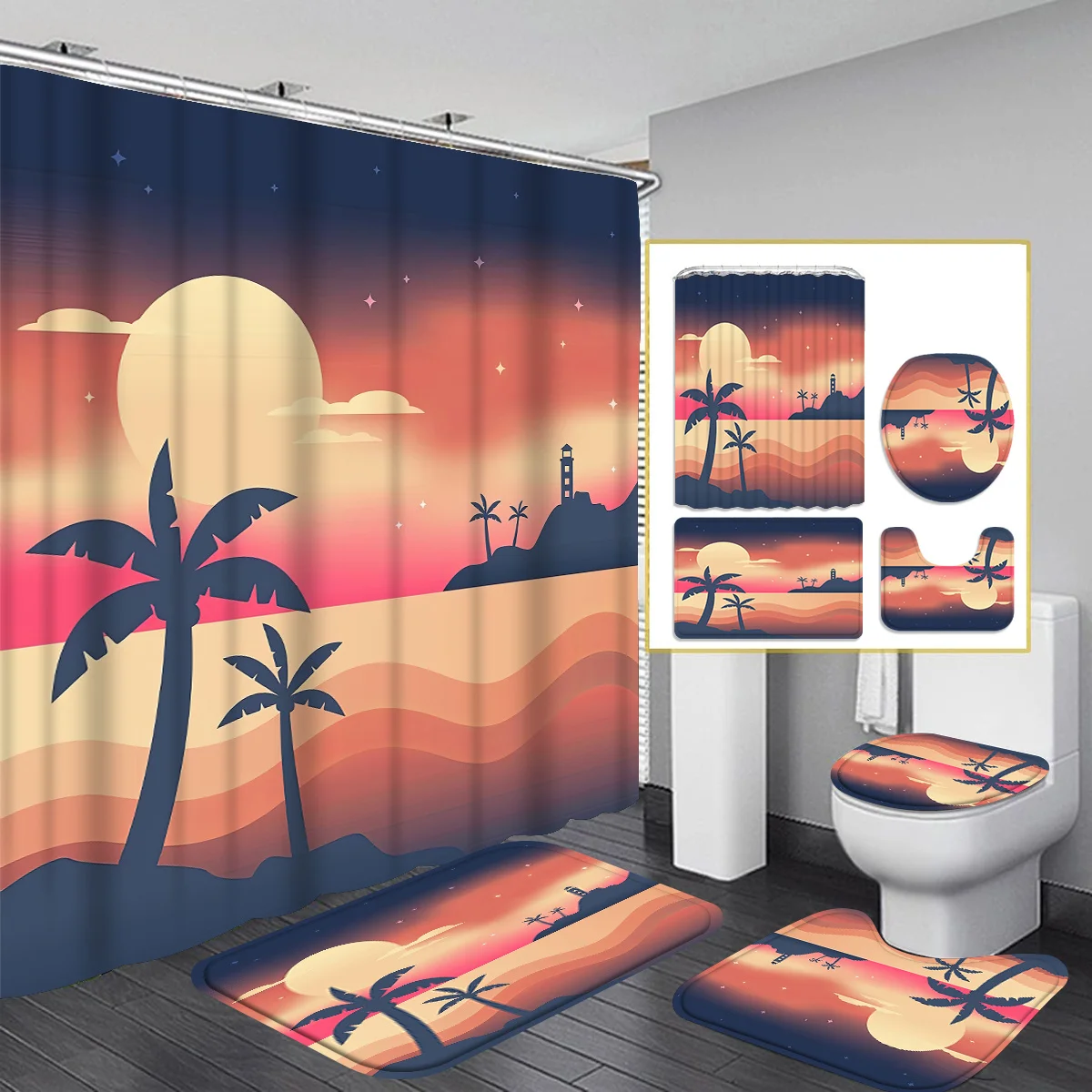 

Coconut tree 4pcs shower curtain Bathtub Curtain, Shower Curtain with 12 Hooks, Non-slip Bath Blanket, Toilet U-shaped Mat,