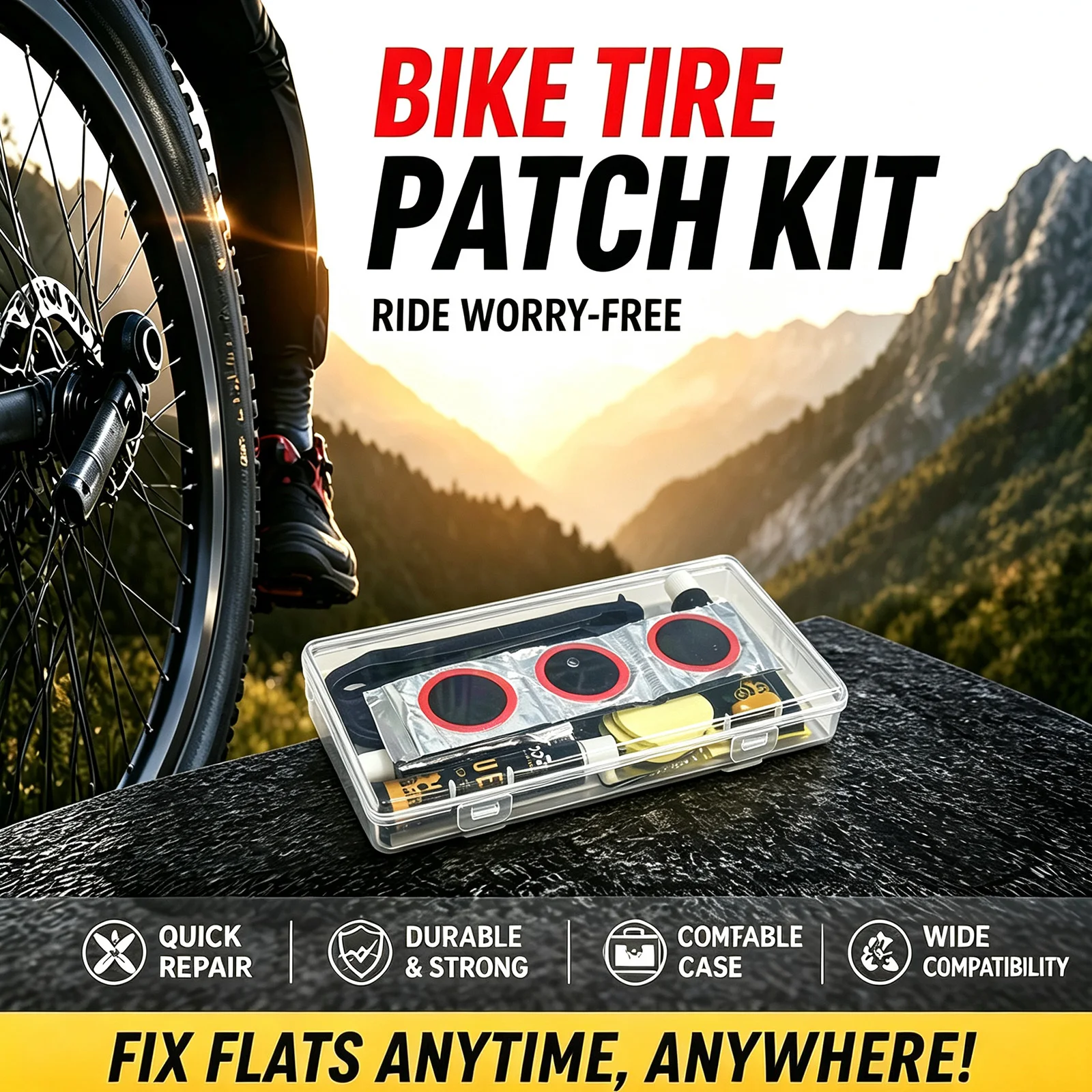 Motorcycle Tire Repair Kit Multi-Size Patches Tire Levers Metal Scraper Valve Cores Clear Organizer Box Motorbike Scooter