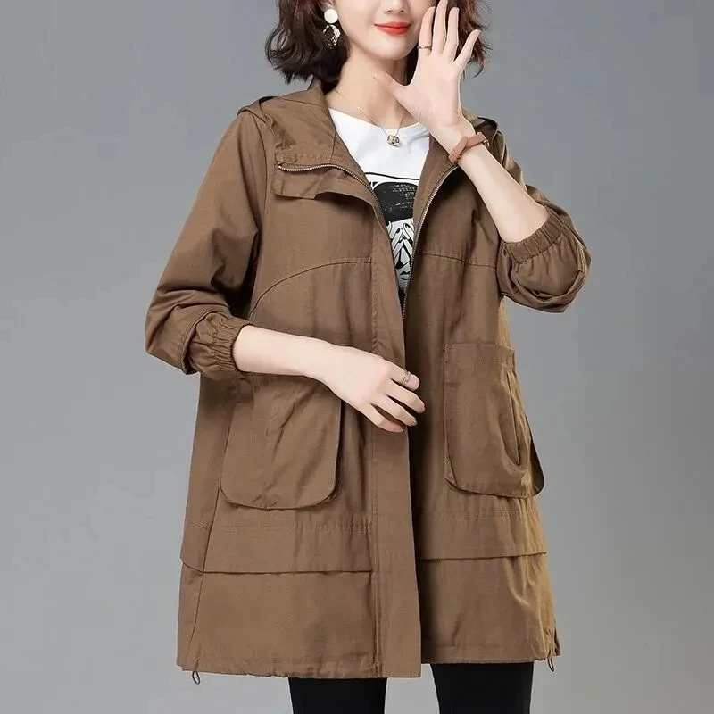 2023Women Trench Coat Hooded Tops Autumn New Coat Long-Sleeved Loose Mid-Length Outerwear Female Windbreaker Gabardina Mujer 4XL