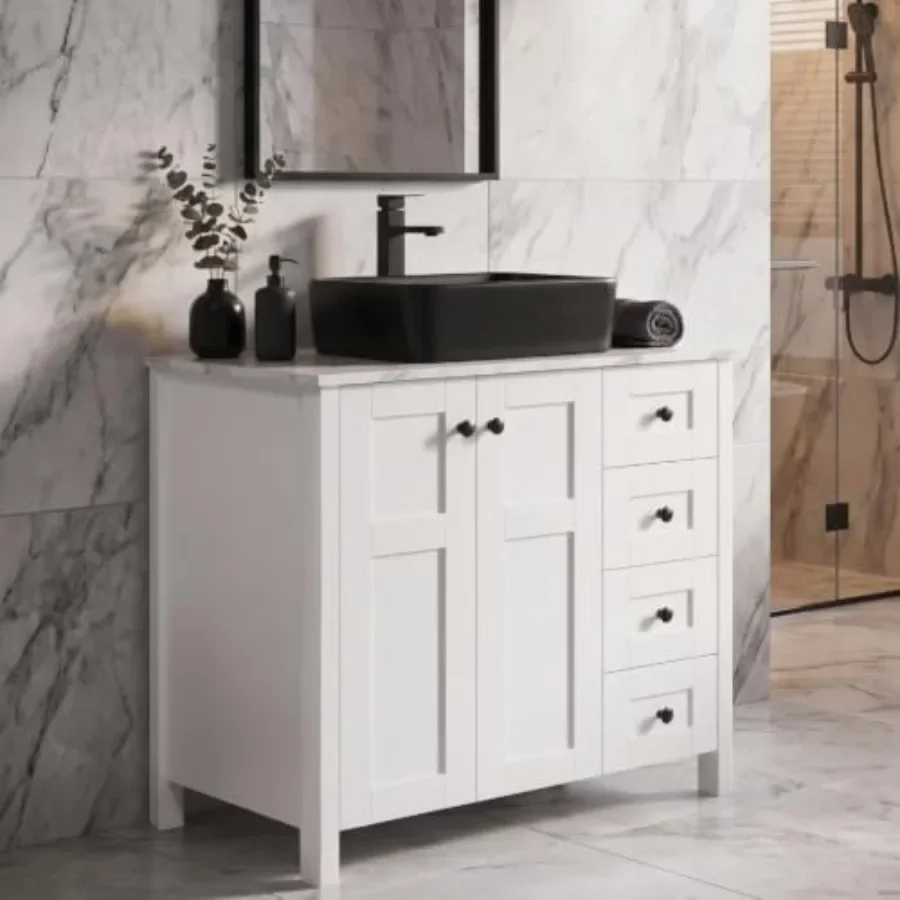 White bathroom vanity with marble texture top and 4 drawers: traditional standing pedestal cabinet for modern or classic bathro